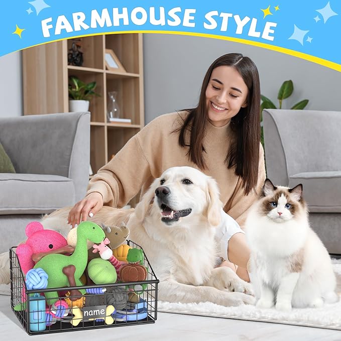 Indestructible Dog Toy basket, Small Toy Box for Dogs, Pet Toy Bin Dog Metal Basket for Toys, Toy Storage Organizer, Cat Toy Box for Living Room Area(Black)