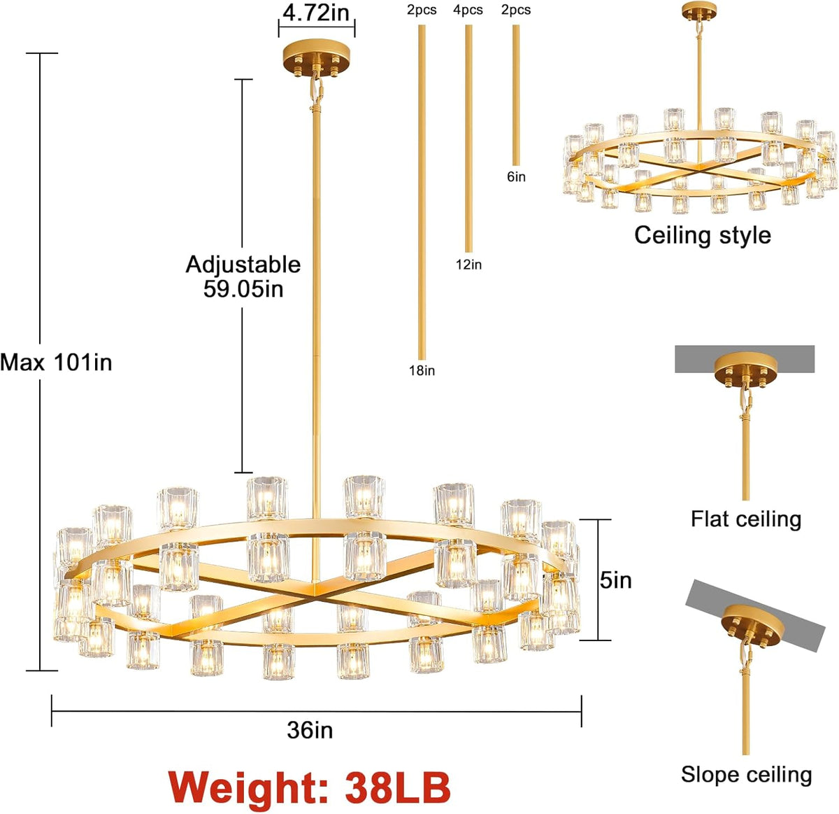 Modern 36" Gold Round Chandelier Light Fixture, K9 Crystal Chandeliers for Dining Room, Living Room, Dining Room Chandeliers Over Table, Chandelier for Bedroom, Foyer, Includes 36XG4 Bulbs