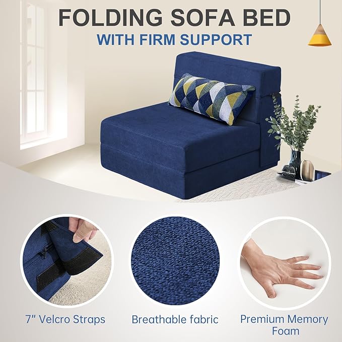 Folding Sofa Bed with Pillow Memory Foam Convertible Sleeper Chair Bed Couch Futon Lazy for Living Room/Home Office/Guest Beds/Apartment/Upstairs Loft,Single Size,Dark Blue