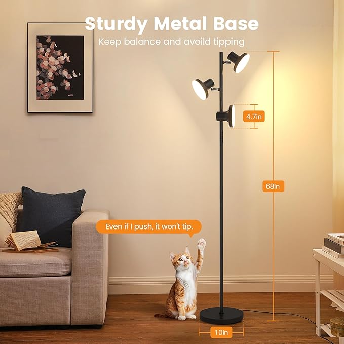 36W LED Tree Floor Lamp, Modern Dimmable Standing Lamp with Remote & Touch Control, 4 Color Temperatures, 3 Rotatable LED Light Floor Lamps for Living Room, Bedroom, Office