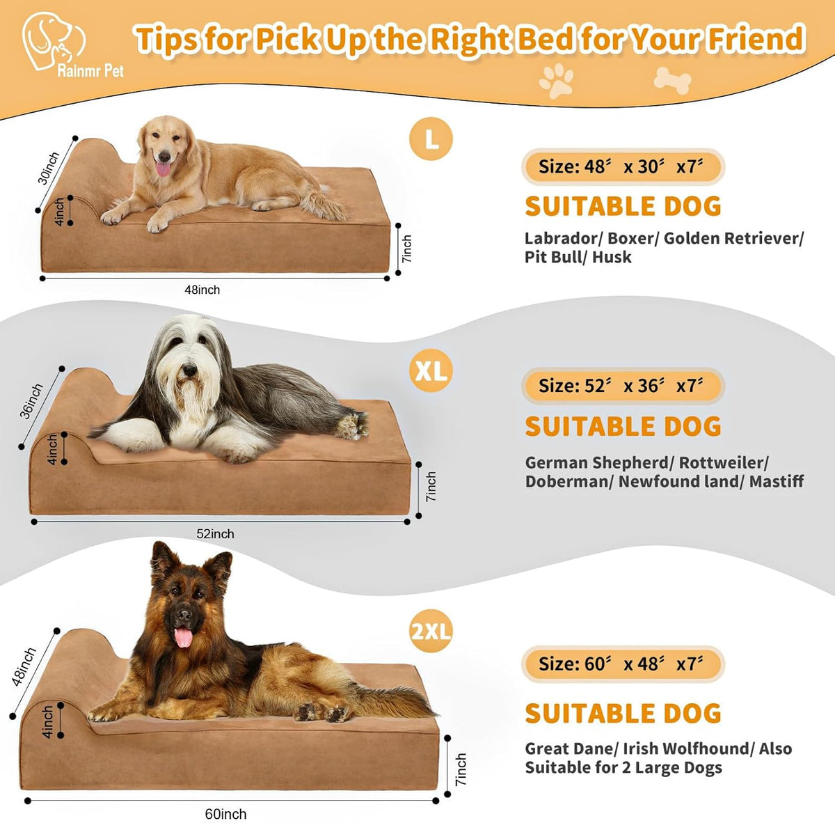 Large Orthopedic Dog Bed, 7" Memory Foam with Waterproof Liner, Chew Resistant Microsuede Cover, Removable and Washable, for Indoor, Outdoor, and Car Use, Nonskid Base, 48"x30" L Khaki