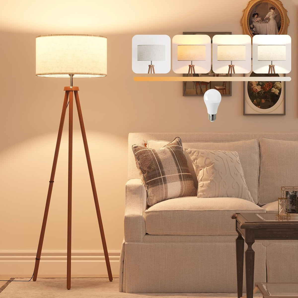 LiteHistory Wood Tripod Floor Lamps for Living Room, Bedroom, and Office,Standing lamp with Beige Linen Shade, 12W Three-Color Bulb Included, Pull Chain Switch, Tall lamp for Mothers Day Gifts, Brown