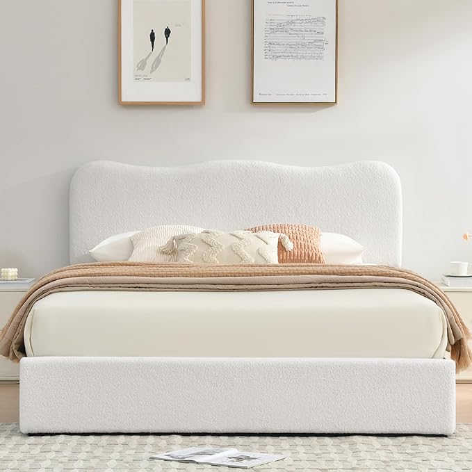 VELOCAVA King Size Storage Bed with 4 Drawers, Modern Upholstered Bouclé-Textured Platform Frame with Curved Headboard, Rounded Corners, Wood Slats, No Box Spring Needed, Cream White