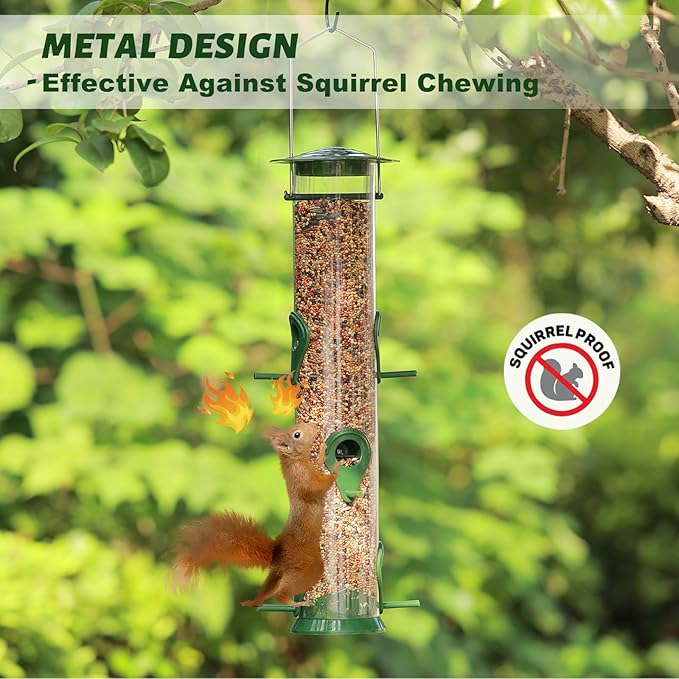 2 Packs Green Bird Feeder Tube Hanging Feeders, 6 Port Wild Bird Feeders Premium Hard Plastic with Steel Hanger Weatherproof and Water Resistant Great for Attracting Birds 18.2 Inches Large