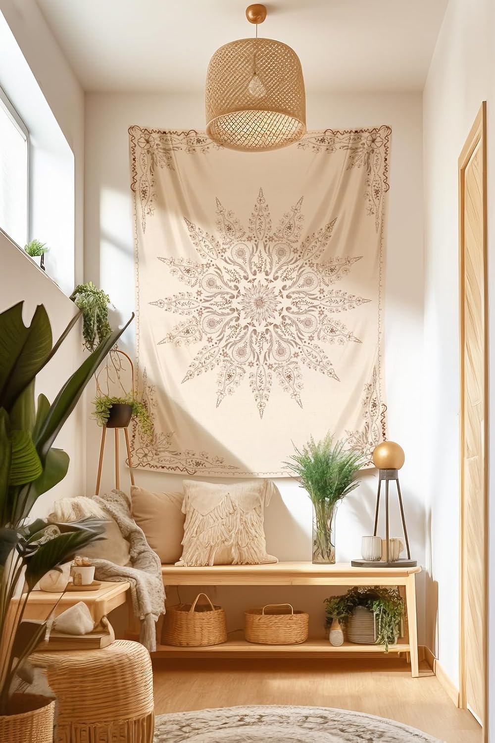 Damanse Floral Tapestry Wall Hanging Cute,Boho Wall Tapestry for Bedroom Aesthetic,Mandala Living Room Decor for Teen Girls (Flaxen, 34.80" x 47.20")