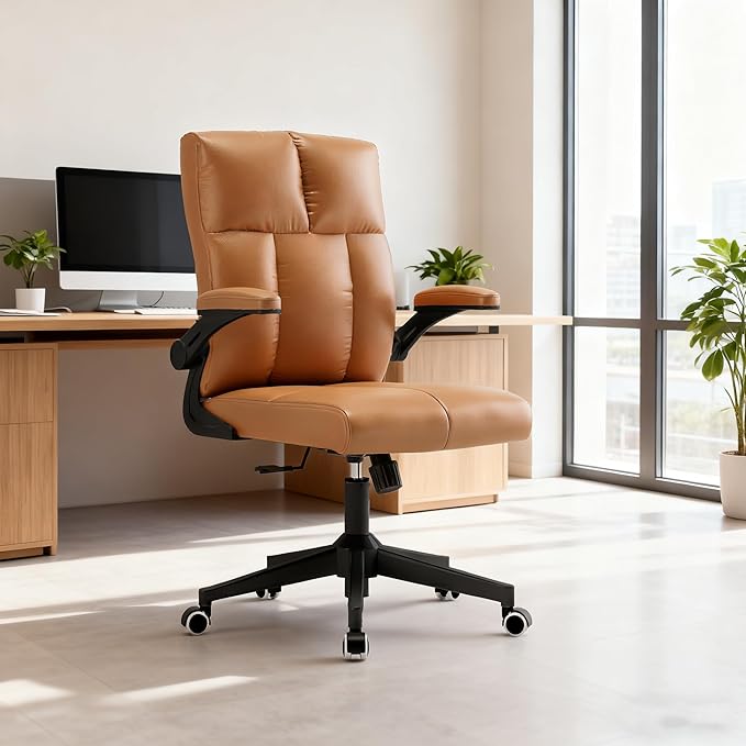 Computer Chair, Ergonomic Home Office Desk Chair with Space Saving Flip-Up Arms, 360° Swivel & Reclining Back, High-Back Executive Chair in Soft Faux Leather Chair Multi-Angle from 90° to 135°(Brown)