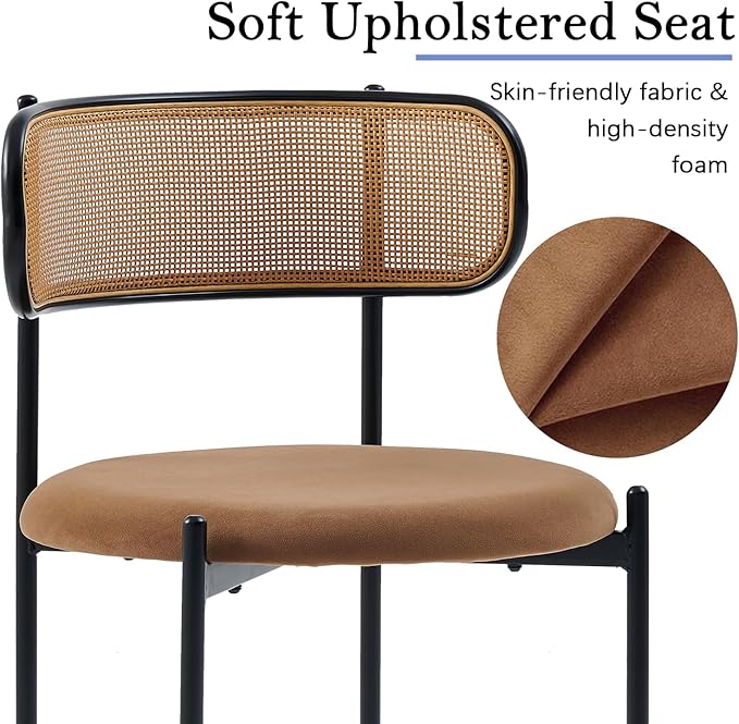 Rattan Dining Chairs Set of 6, Mid Century Modern Dining Chairs with Cane Back and Boucle Upholstered Seat, Farmhouse Kitchen Chairs for Dining Room and Living Room, Brown