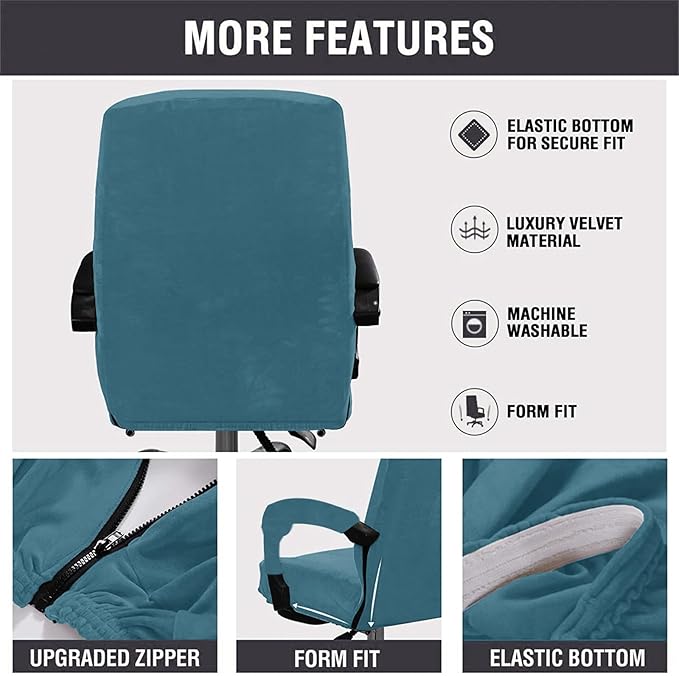 Velvet Plush Stretchable Office Computer Chair Cover Ergonomic - Cat Proof Protector for Mesh Office Desk Chair with Wheels and Armrests - Executive Rotating Chairs for Home Office,Peacock Blue,XL