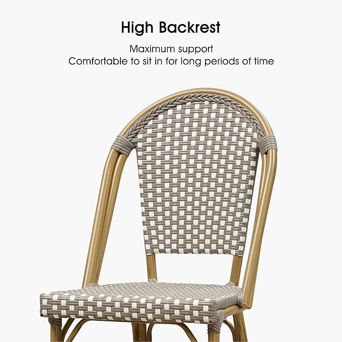 PURPLE LEAF French Bar Stool Set of 2 Bamboo Print Finish Patio Bar Stools with Back Rattan Chairs Wicker Bar Height Stool 30" with Footrest Kitchen Island Stools Outdoor Barstool Grey