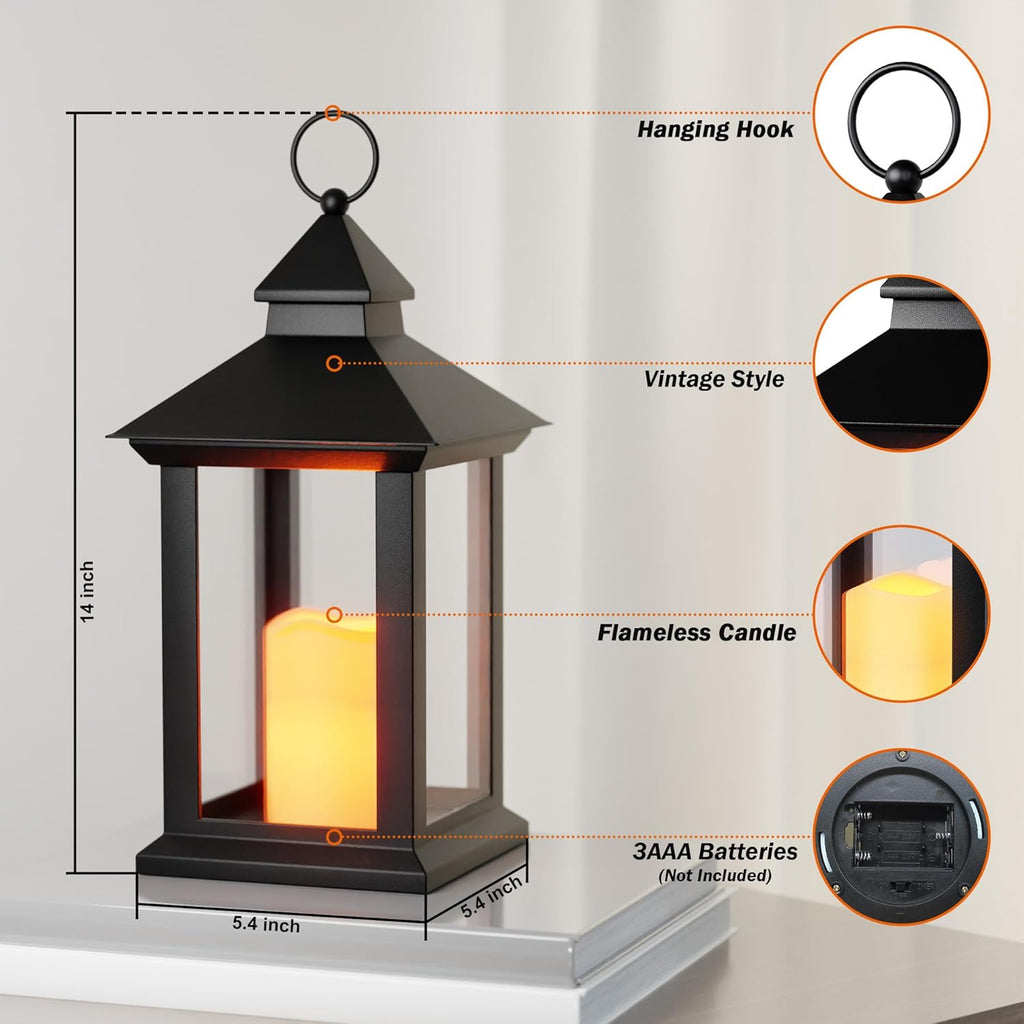 Lanterns Decorative Indoor, 2 Pack Black Outdoor Lantern with Timer, 14" Lantern Waterproof with Battery Operated Candle, Outdoor Hanging Lanterns for Porch, Patio, Wedding Decor