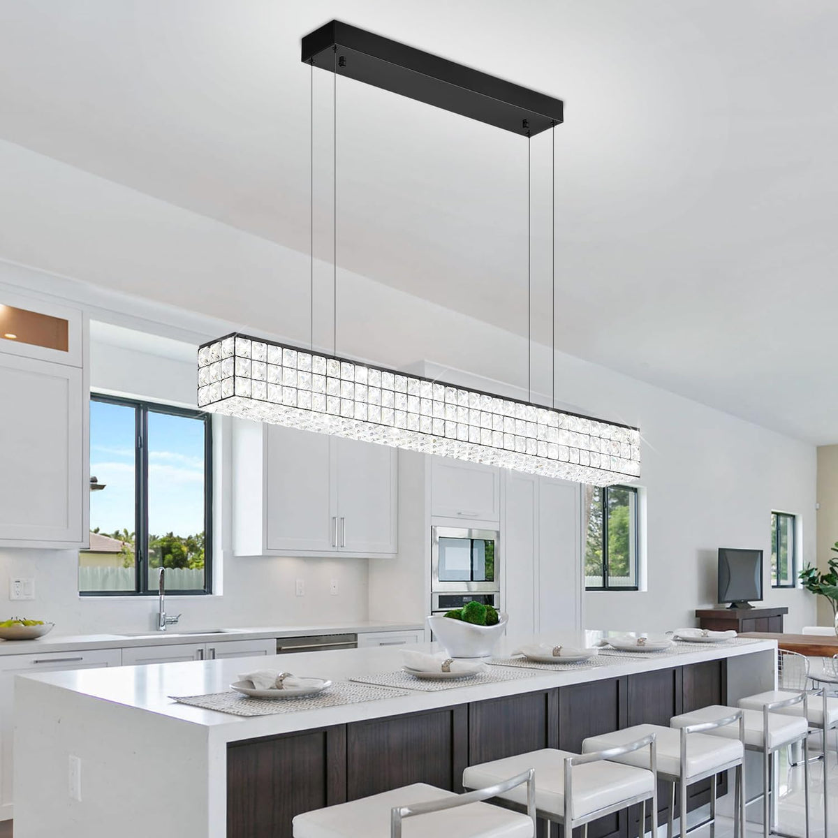 Rectangle Crystal Chandelier Modern Crystal Chandelier Black Rectangular Pendant Lighting Fixture for Dining Room Kitchen Island Bedroom (L 40")