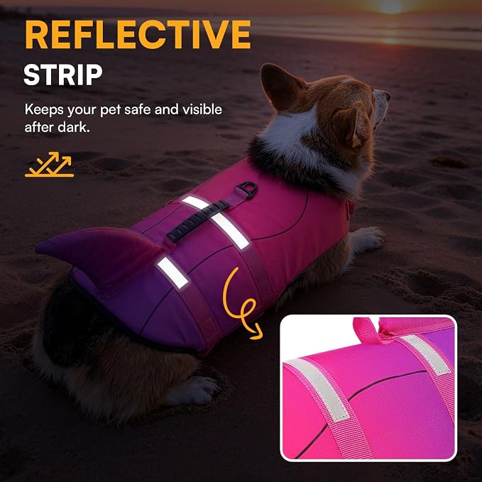 Dog Life Jacket High Flotation, Reflective Dog Life Vest for Swimming, Adjustable Dogs Life Preserver Rescue Handle Spring Summer Pool for Small, Medium, Large Dogs (Pink Purple,L)