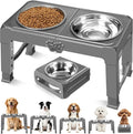 COMESOON Elevated Dog Bowls, 5 Adjustable Heights (3.9"-13.4") Raised Dogs Food Bowl Stand for Medium Large Sized Dogs, Non-Slip Foldable Travel Pet Feeder Grey with Stainless Steel Bowls