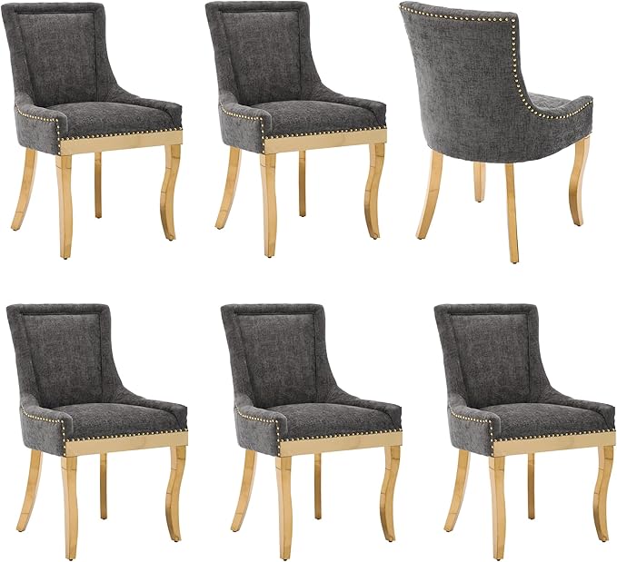 Luxury Fabirc Upholstered Dining Chairs Set of 6,Neutral Chenille Kitchen Room Chair with Nailhead Trim,6 Piece Modern Side Chairs for Dining Room,Living Room,Bar (Grey-Gold, Set of 6)