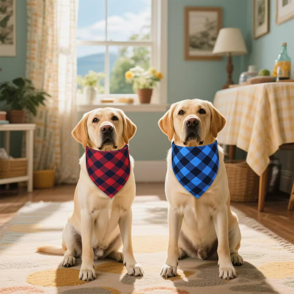 Plaid Dog Bandanas 2-Pack for Small Dogs, Red-Black & Blue-Black Buffalo Check Set - Adjustable Reversible Scarves for Boys & Girls