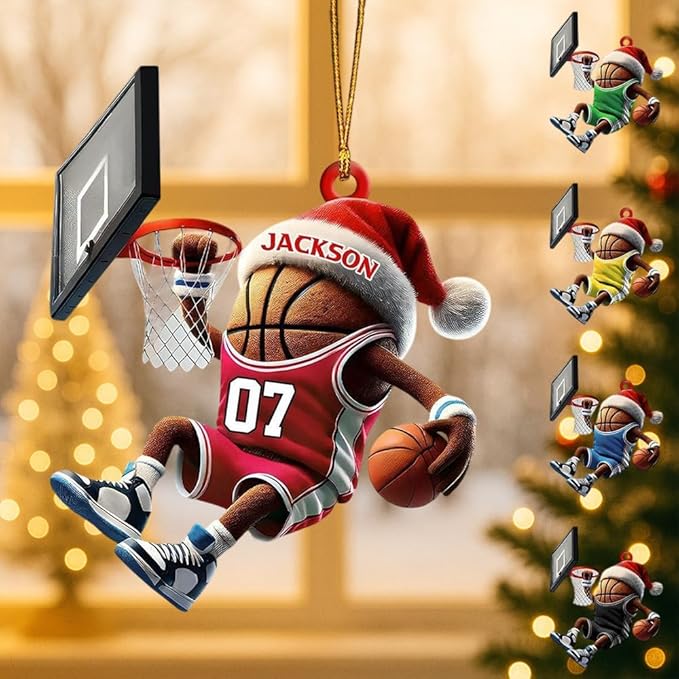 Custom Basketball Christmas Ornaments 2025, Custom Name Basketball Acrylic Christmas Tree Decorations, 2D Flat Baller Ornaments for Tree 07