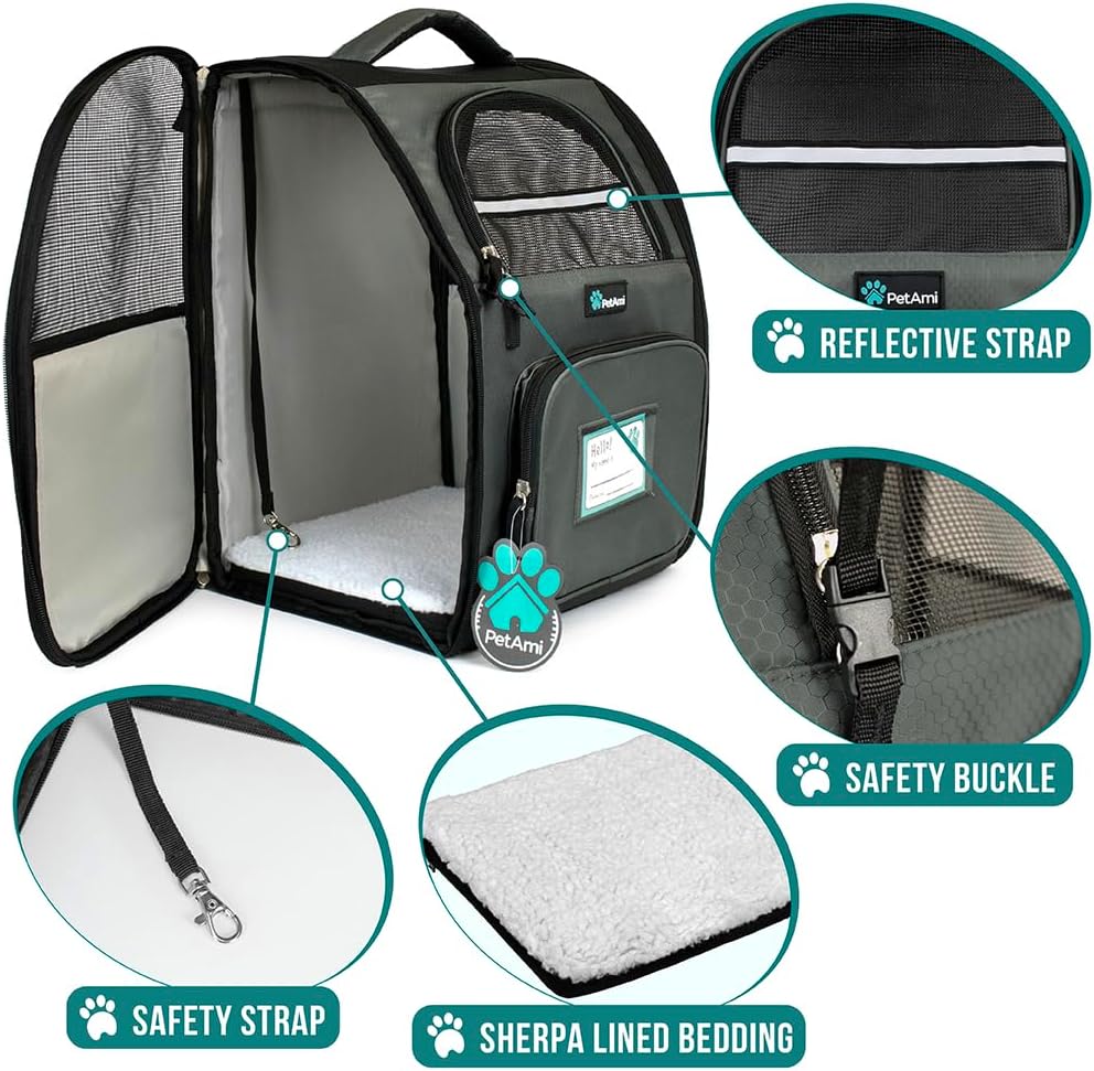 PetAmi Dog Backpack Carrier for Small Large Cat, Pet, Puppy, Ventilated Pet Hiking Backpack Travel Bag, Airline Approved Cat Backpack Carrier, Camping Biking Dog Bag Up to 18lbs Pet, Dark Grey