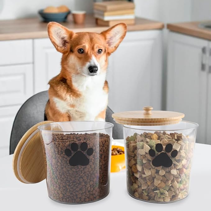 2 Pack Airtight Dog Treat Container,85oz Dog Cat Food Storage Container with Bamboo Lids,Puppy Cookie Jar,Up to 5~6LB,Pet Treat Canister with Scoops,Food Tong,Pen-Round