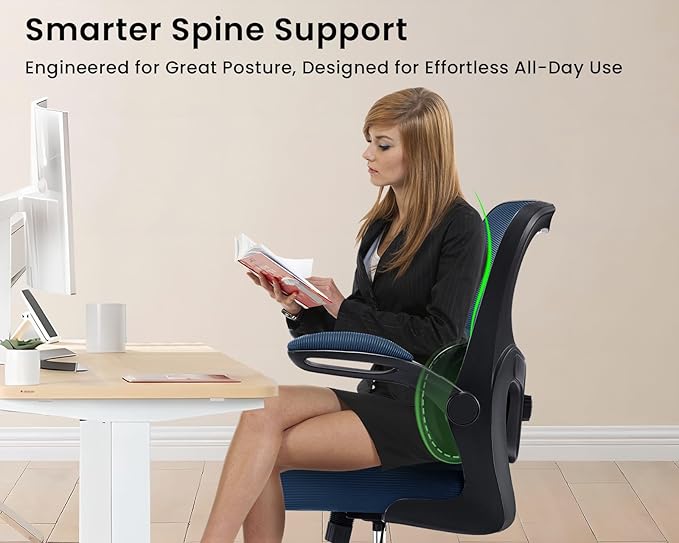 Ergonomic Office Chair, Comfy Desk Chair with Adjustable Lumbar Support, Mesh Computer Chair with Wheels, Flip-up Armrests, Swivel Rolling Executive Chair for Home Office, Gaming, Navy Blue