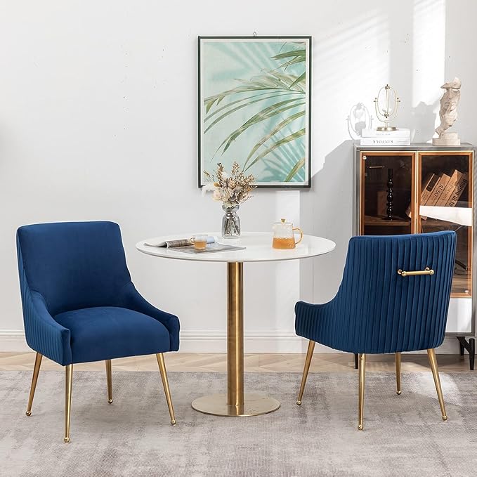 Dining Chairs, Accent Chairs Set of 8, Modern Upholstered Kitchen Dining Chairs with Gold Legs, Fabric Tufted Velvet Living Room Chairs for Reception Room Bedroom Kitchen(Navy Blue)