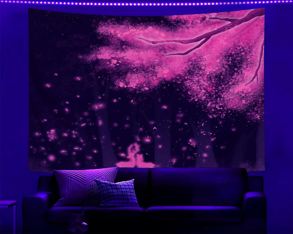 dueeia Blacklight Cherry Blossom Tapestry Wall Hanging Glow in the Dark Uv Nature Tapestries for Bedroom Aesthetic Living Room Wall Decor(78.7"x59.1")