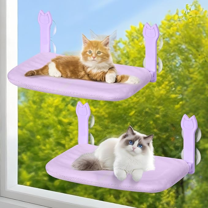 Cat Window Hammock 2-Pack,Foldable Cat Perch with Suction Cups & Metal Frame,Holds up to 40 lbs - Durable & Secure for Cats,Features 2-Sided Cushion & Easy Storage for Sunny Lounging(Purple)