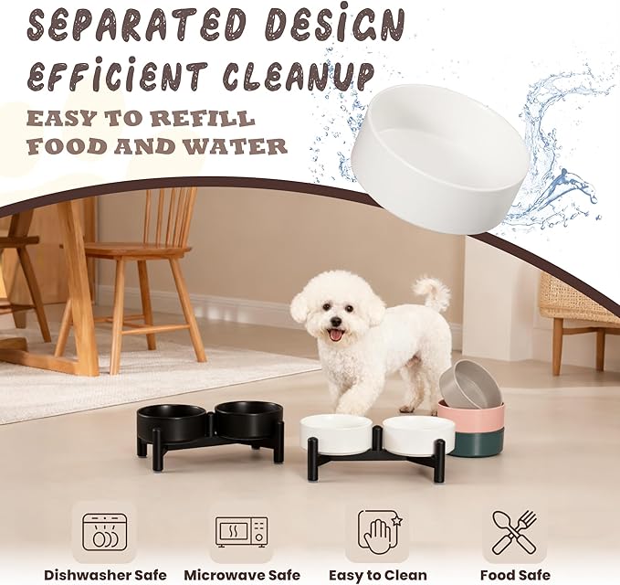 Raised Ceramic Dog Bowl Set with Stand, 1.6 Cups Elevated Dog Food Stand | 5.1'' Double Dog Food and Water Bowl Set, Non-Slip Dog Feeding Dishes for Small Breeds and Cats, 10.8 OZ, Pink
