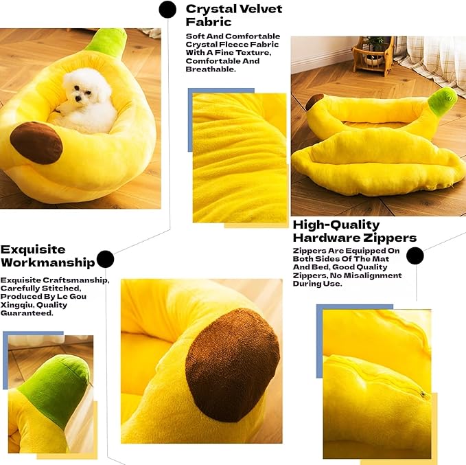 Banana Pet Bed for Small Dogs and Cats, Cozy Enclosed Calming Cave Bed with Removable Plush Cushion for Indoor Kittens Puppies Small Pets (Banana Bed + Mat + Bone Toy, X-Large)