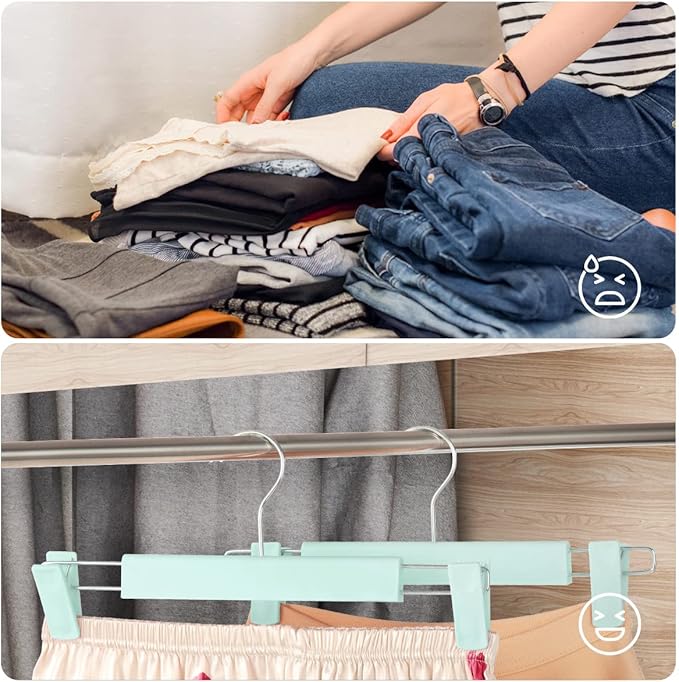 Clothes Pants Hangers, Space-Saving Skirt Holders with 360 ° Swivel Hooks, Adjustable Clips, Trouser Hangers, Clothes Coat Garment Jeans Hangers (30 Pack, Green)