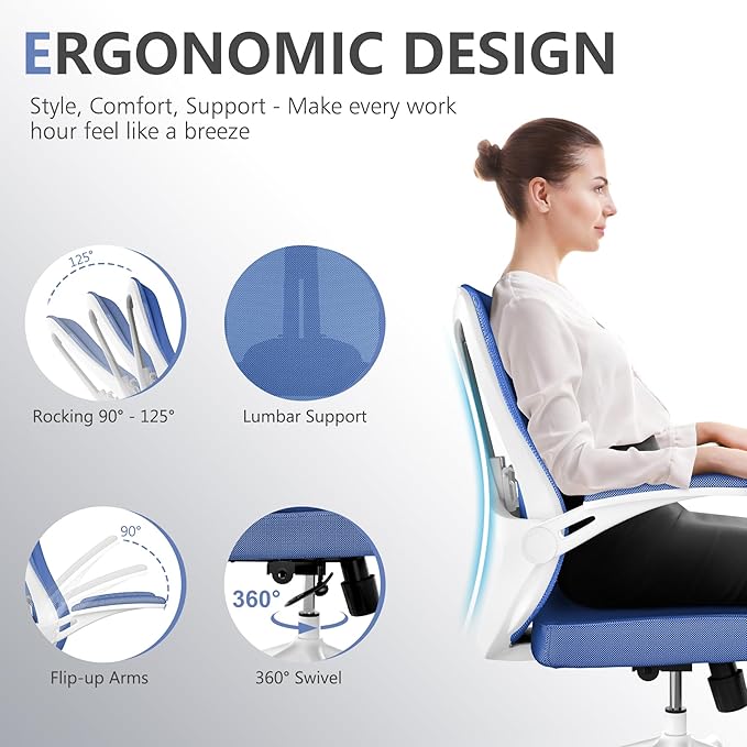 Office Chair,Ergonomic Comfy Home Desk Chair with 350LBS Capacity,High Back Gaming Chair with Wheels,Mesh Computer Chair,Lumbar Support, Adjustable Headrest,Flip-up Armrest (01Blue)