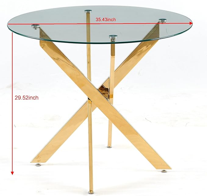 36" Round Dining Table for 4, Modern Clear Glass Kitchen Table for 4 with Gold X Metal Legs, Contemporary Small Circle Dining Room Leisure Tables for Kitchen Apartment