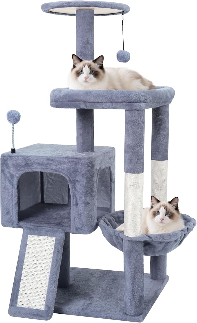 TWDEPART 37.5" All-in-One Cat Tree Tower with Scratching Board & Posts Cozy Sleeping Perch Hammock and Toy Balls,Grey