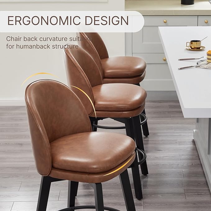 Counter Height Barstools 26 inch Upholstered Swivel Bar Stools with Back and Wood Legs for Kitchen Island,Set of 1,Brown PU Leather-Armless