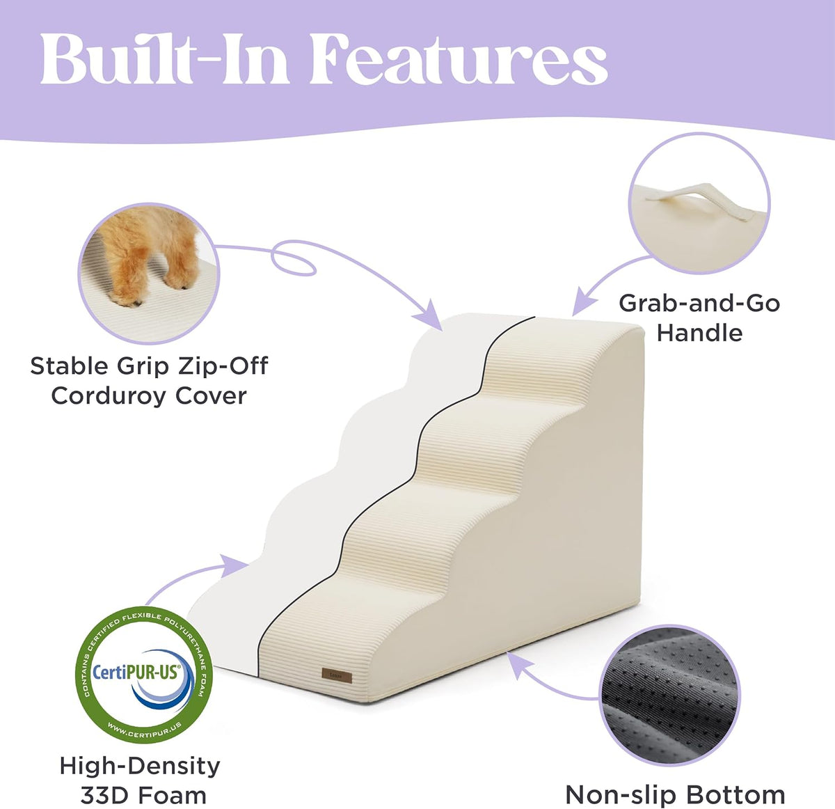 LE SURE Dog Stairs for Large Dogs Pet Steps Ramp for High Bed and Couch with CertiPUR-US Certified Foam with Non-Slip Bottom, Beige, 4 Steps