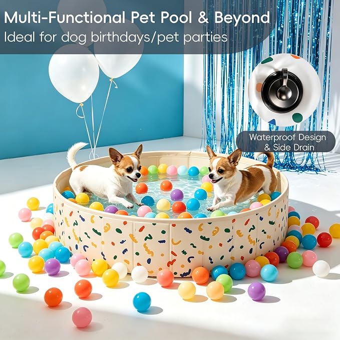 Foldable Dog Pool & Dog Ball Pit with Balls Included, Portable Multifunctional Ball Pit for Dogs & Cats, Anti-Collapse Non-Slip Pet Play Pool(Beige L+132 Balls)