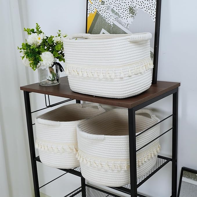 TeoKJ White Cotton Rope Baskets for Storage, Set of 3 Woven Clothes Basket for Organizing and Storage, Blanket Basket for Living Room Laundry Bathroom Shelves