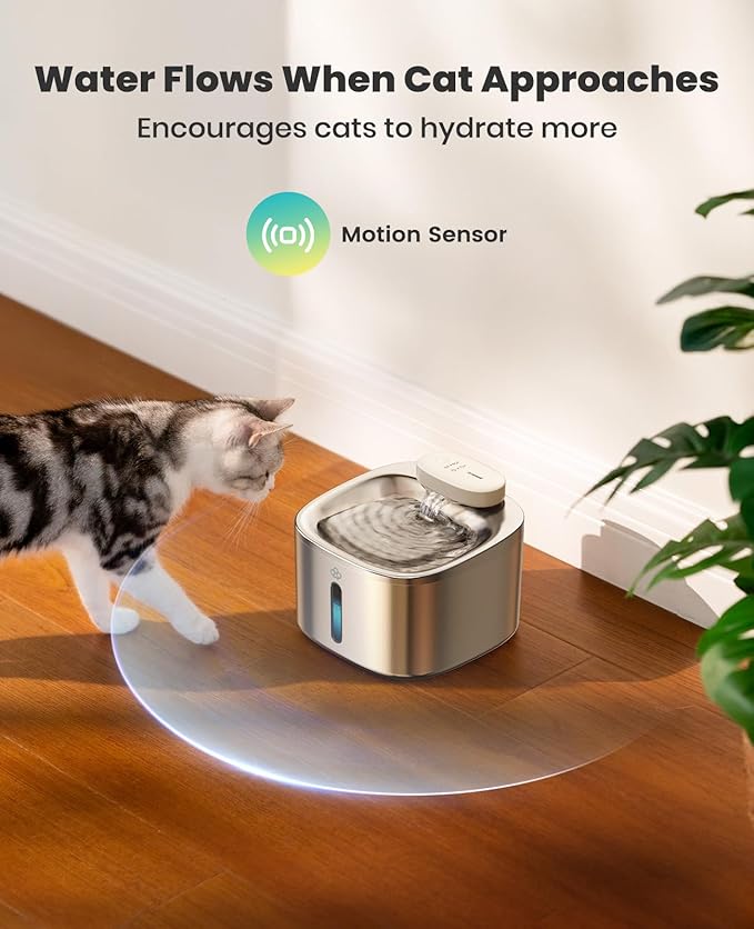 oneisall Wireless Cat Water Fountain, 3.5L/118oz Battery Operated Pet Drinking Fountain Stainless Steel, Running Water Dispenser Fountains for Cats, Cordless&Rechargeable with Motion Sensor(Hale 3.5L)