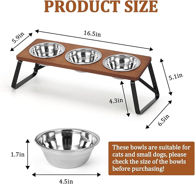 Foldable Raised Cat Bowls Holder 3 Stainless Steel Dog Cat Feeder 12 °Tilt Elevated Pet Water Food Bowls for Cats Puppies Rabbits