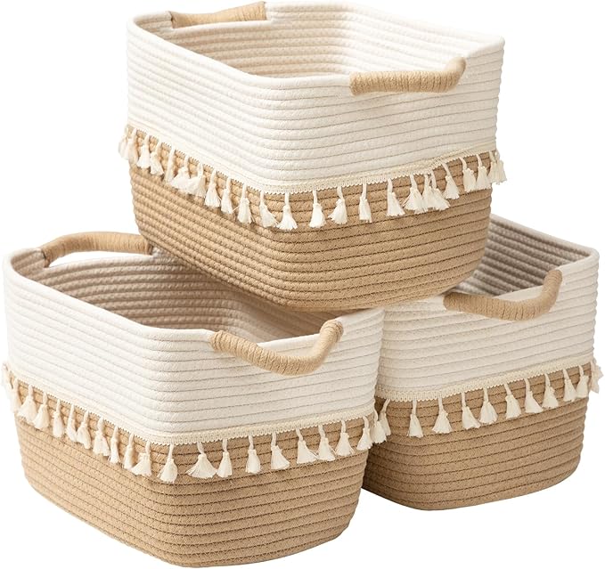 TeoKJ Woven Storage Bin Set of 3, Cotton Rope Basket for Storage, Clothes Boho Basket Bin for Organizing, Fabric Basket for Books, Plants, Pet Treats, White & Jute
