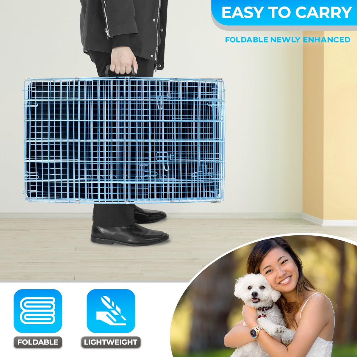 FDW Dog Crate for Small Dogs 24 Inch Folding Metal WirePet Cage Double Door W/Divider Panel Indoor Outdoor Kennel Leak-Proof Plastic Tray,Blue