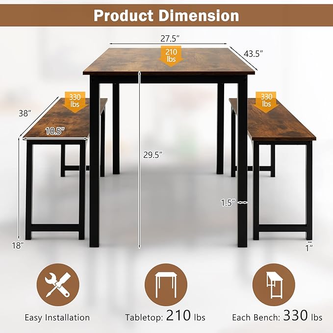 LDAILY Moccha Dining Table Set for 4, Kitchen Table with Benches,43 Inch 3-Piece Wooden Space-Saving Dinette Set with Metal Frame for Kitchen, Dining Room,Small Spaces, Rustic Brown & Black