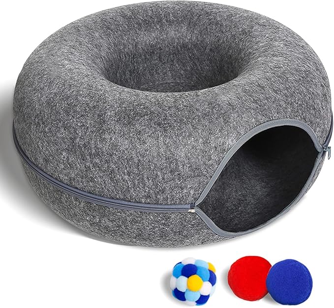 Cat Tunnel Bed for Indoor Cats with 3 Toys, Scratch Resistant Donut Cat Bed, Up to 9 Lbs (M 20x20x9, Dark Grey)