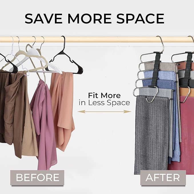MORALVE Pants Hangers Space Saving - 2 Pack - Non-Slip Multi-Layer Space Saving Hangers - Multifunctional Clothing Rack for Closet Storage - Ideal for Jeans, Trousers, Skirts, Scarves & Slacks (Black)