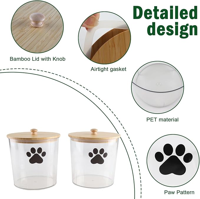 2 Pack Airtight Dog Treat Container,85oz Dog Cat Food Storage Container with Bamboo Lids,Puppy Cookie Jar,Up to 5~6LB,Pet Treat Canister with Scoops,Food Tong,Pen-Round