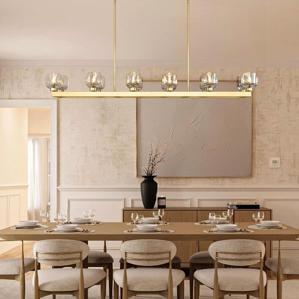 59 Inch Brass Rectangle Wagon Wheel Chandeliers, Gold Chandelier for Dining Room Over Table, Modern Crystal Long Chandelier, Farmhouse Large Linear Chandeliers for Kitchen Island