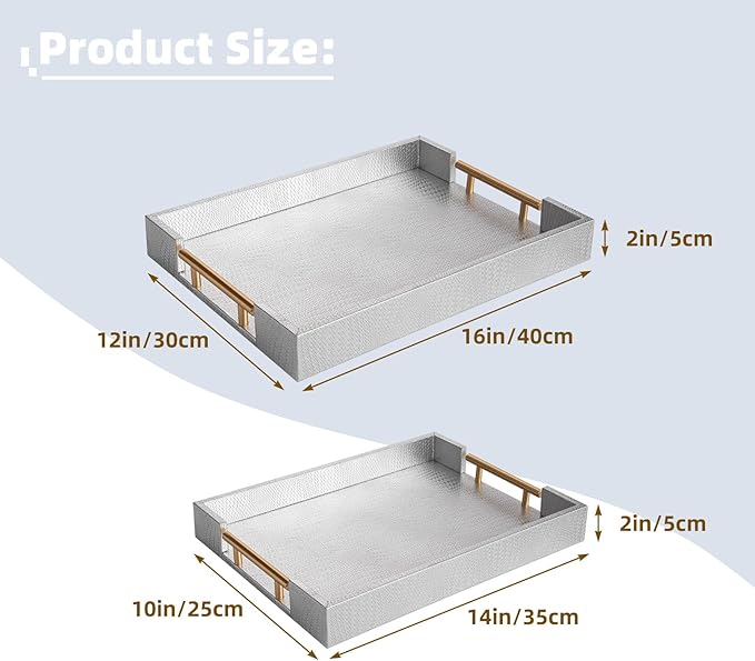 2 Piece Woven Leather Ottoman Tray with Gold Handles, Perfect Rectangular Serving Tray for Living Room, Coffee Table Tray as Thoughtful Gift for Home Decor Enthusiasts (Sliver)