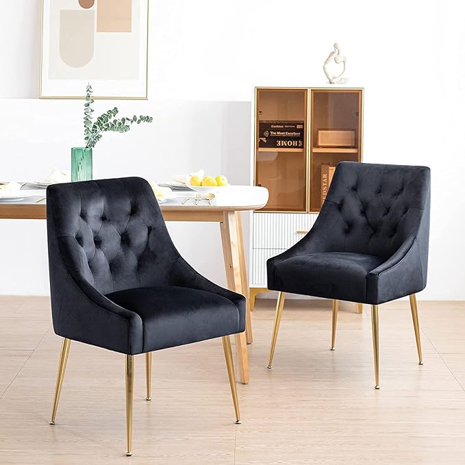 Modern Dining Chair Set of 6, Mid-Century Room Chair, Upholstered Comfortable Velvet with Back Pull Rod and Metal Legs for Kitchen, Dining, Living (Black), (DYXSD)