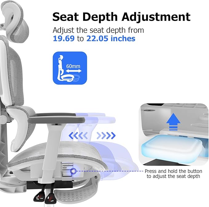 PatioMage Ergonomic Office Chair, Big and Tall Desk Chair with Adjustable Lumbar Support & Seat Depth, High Back Computer Chair, Swivel Mesh Chairs with Wheels for Home Office, White