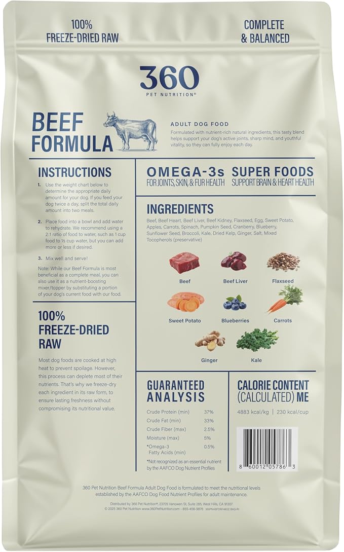 360 Pet Nutrition Freeze-Dried Raw Dog Food – Beef Recipe with Liver & Organs, High Protein with Omega-3s, Fruits, Veggies & Superfoods, Grain-Free, No Fillers, 3 lb – Made in USA
