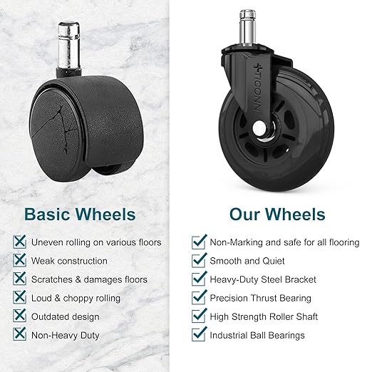 TICONN Office Chair Caster Wheels Set of 5 for Tile, Hardwood Floors and Carpets, Universal Fit for Most Chairs (Black)